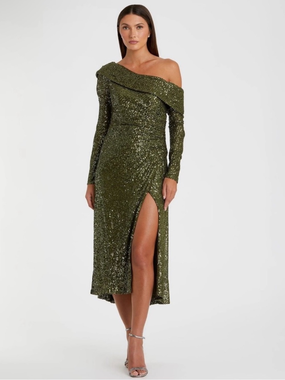 Mac Duggal Olive Sequin One Shoulder Cocktail Midi Dress Size 8 NWT